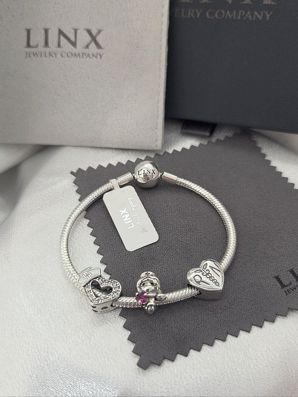 Linx Snake Chain Bracelet & Registered Nurse Themed Charms 925 sterling silver